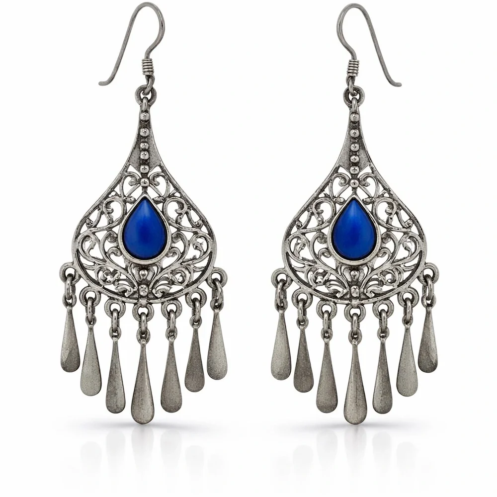 Vintage Sterling Silver Lapis Filigree Chandelier Earrings Boho Statement Fringe